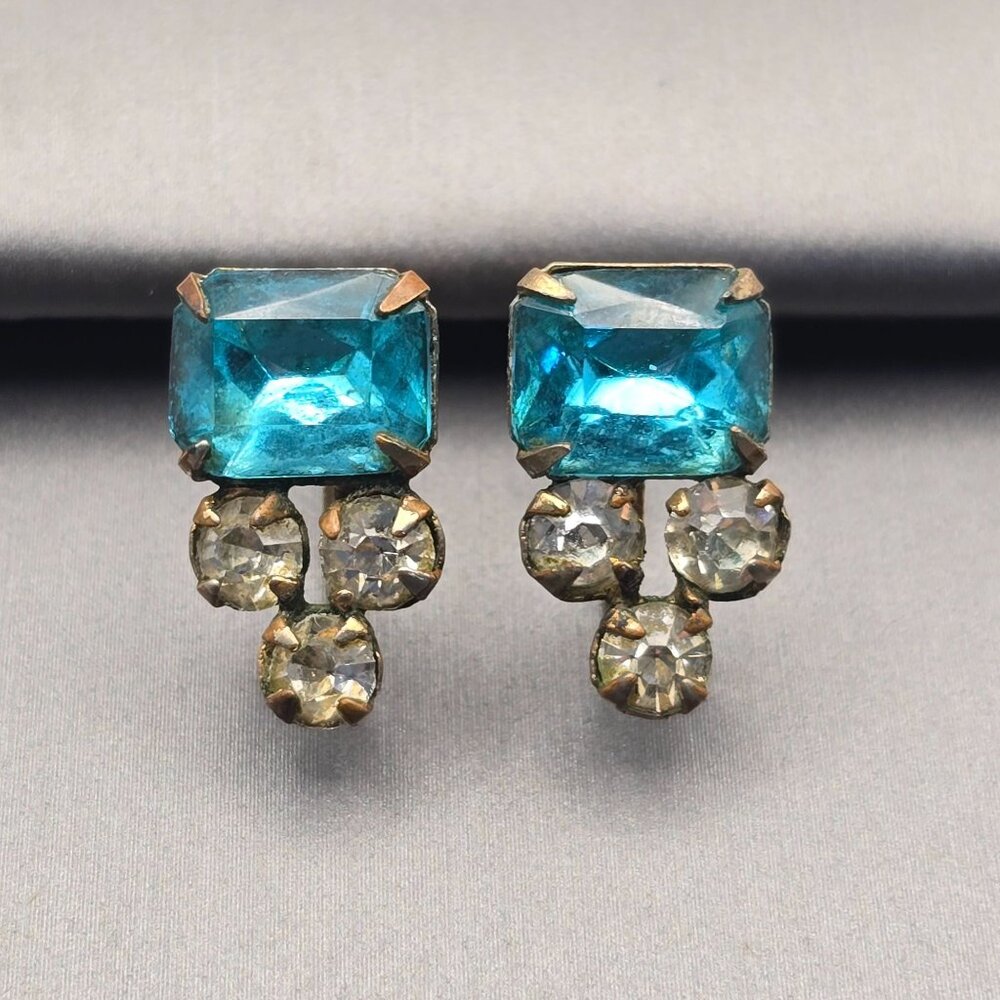 Vintage Aquamarine & Clear Paste Earrings | Screw-Back Glam Statement Jewelry - Picture 11 of 11